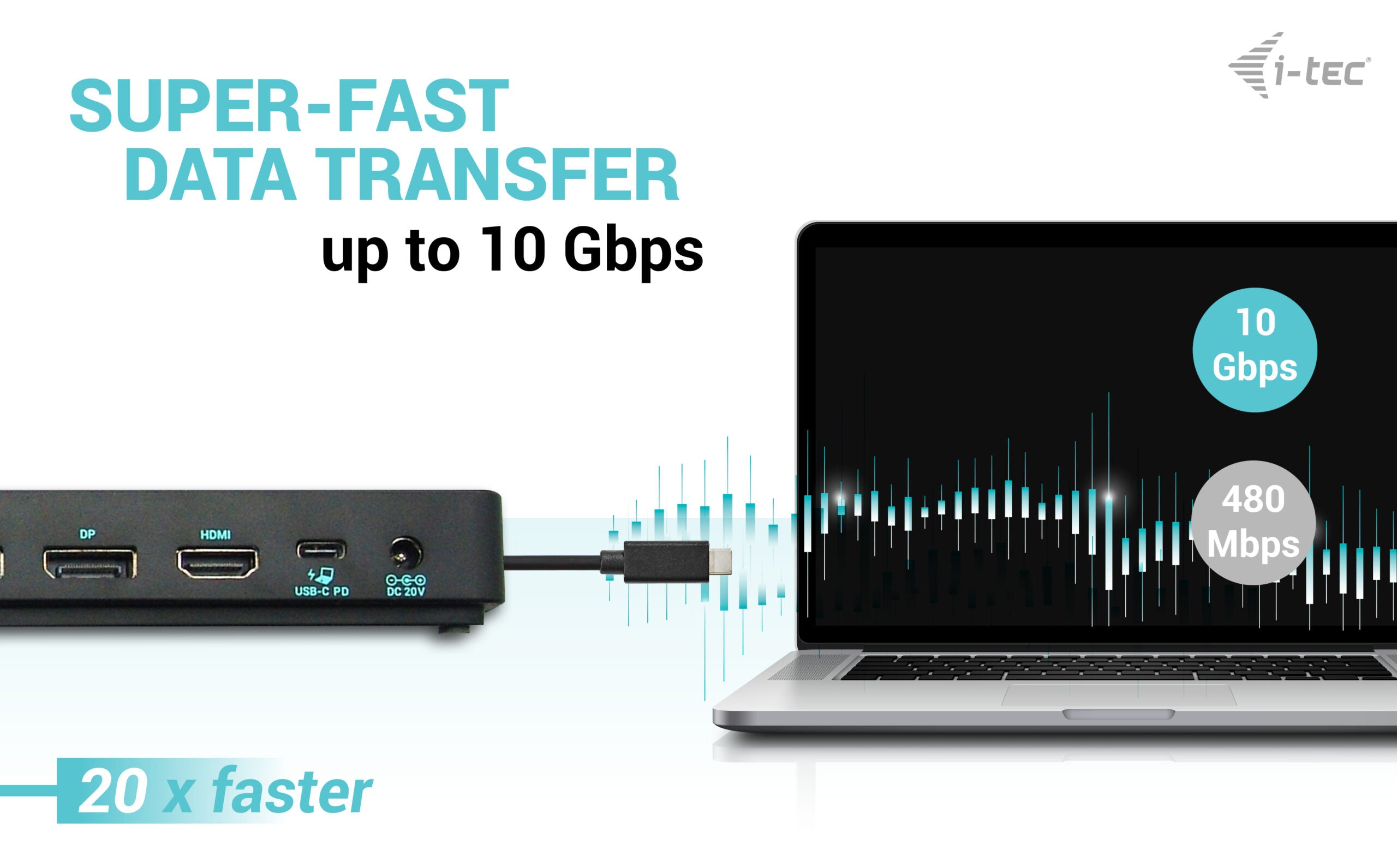 i-tec USB-C Dockingstation verbunden mit einem Laptop zur Demonstration des Datentransfers von bis zu 10 Gbps