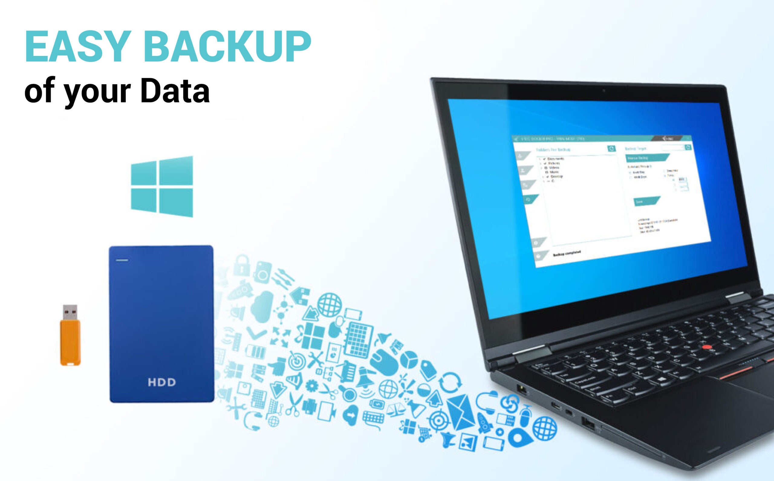 Blaues HDD-Laufwerk und USB-Stick übertragen Daten grafisch dargestellt auf einen Laptop mit Windows.