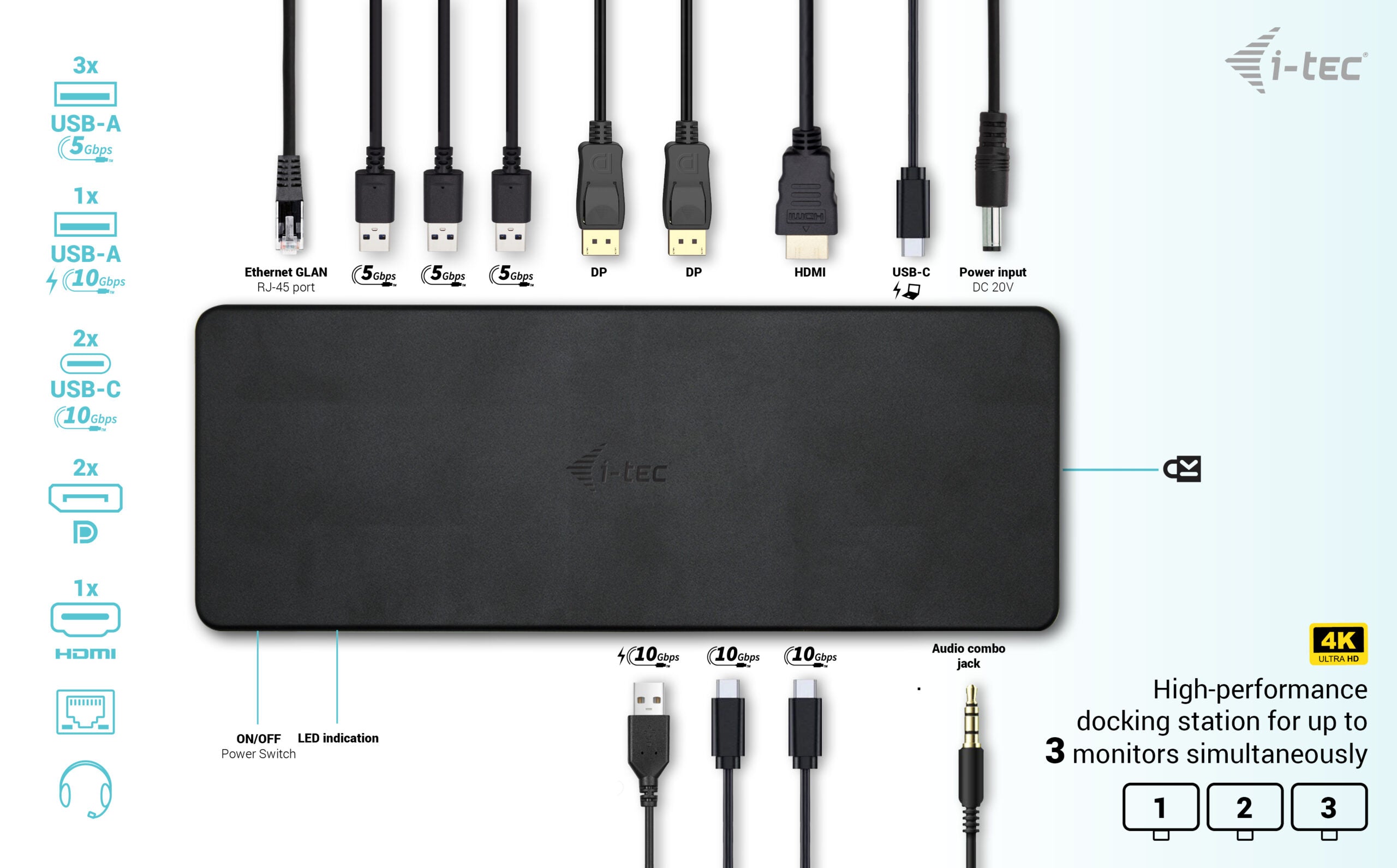 I-tec USB-C Dockingstation mit zahlreichen Anschlüssen wie Ethernet, DisplayPort, HDMI und USB für bis zu drei Monitore.
