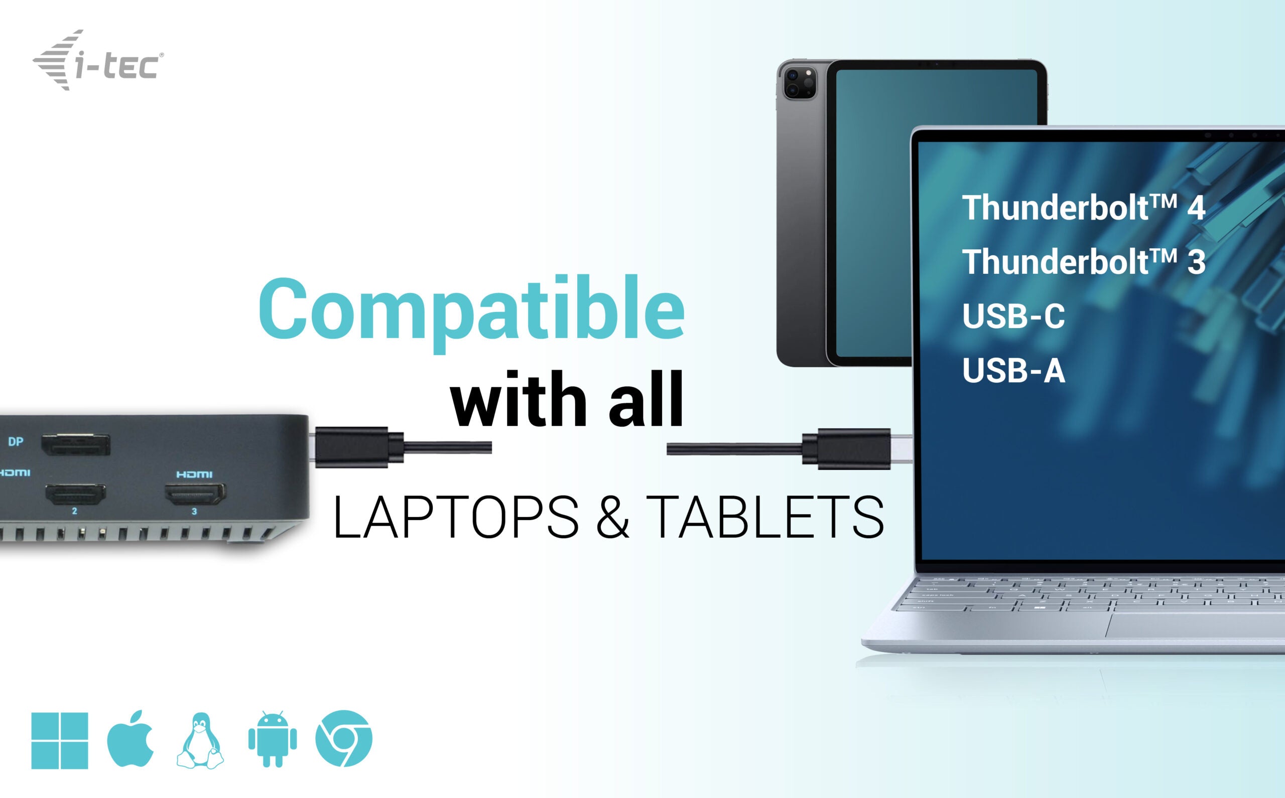i-tec Dockingstation kompatibel mit Laptops und Tablets für Thunderbolt 4, 3, USB-C und USB-A.