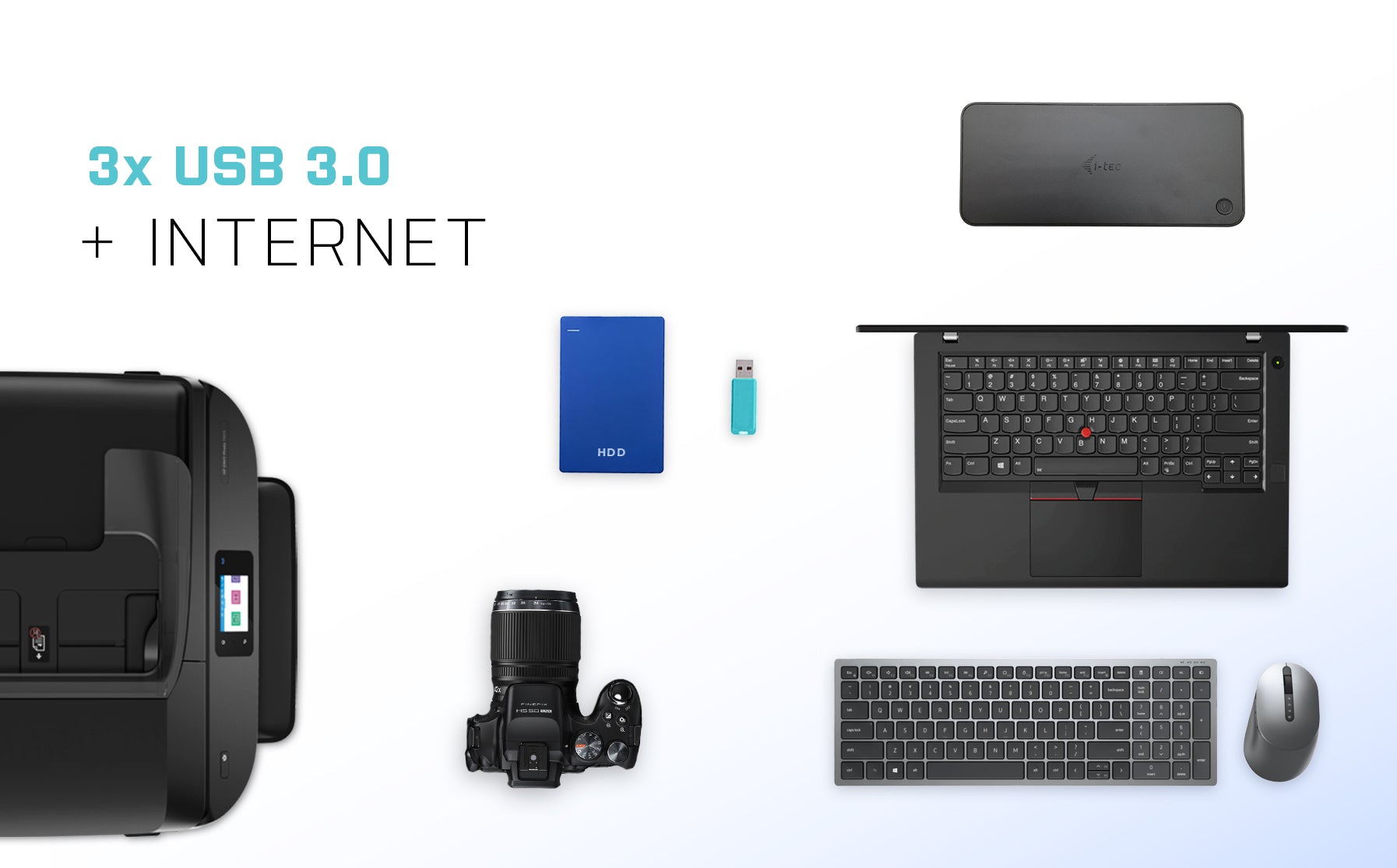 USB-Hub, Laptop, externe Festplatte, Kamera, Tastatur und Maus auf hellem Hintergrund mit Text 3x USB 3.0 + INTERNET.