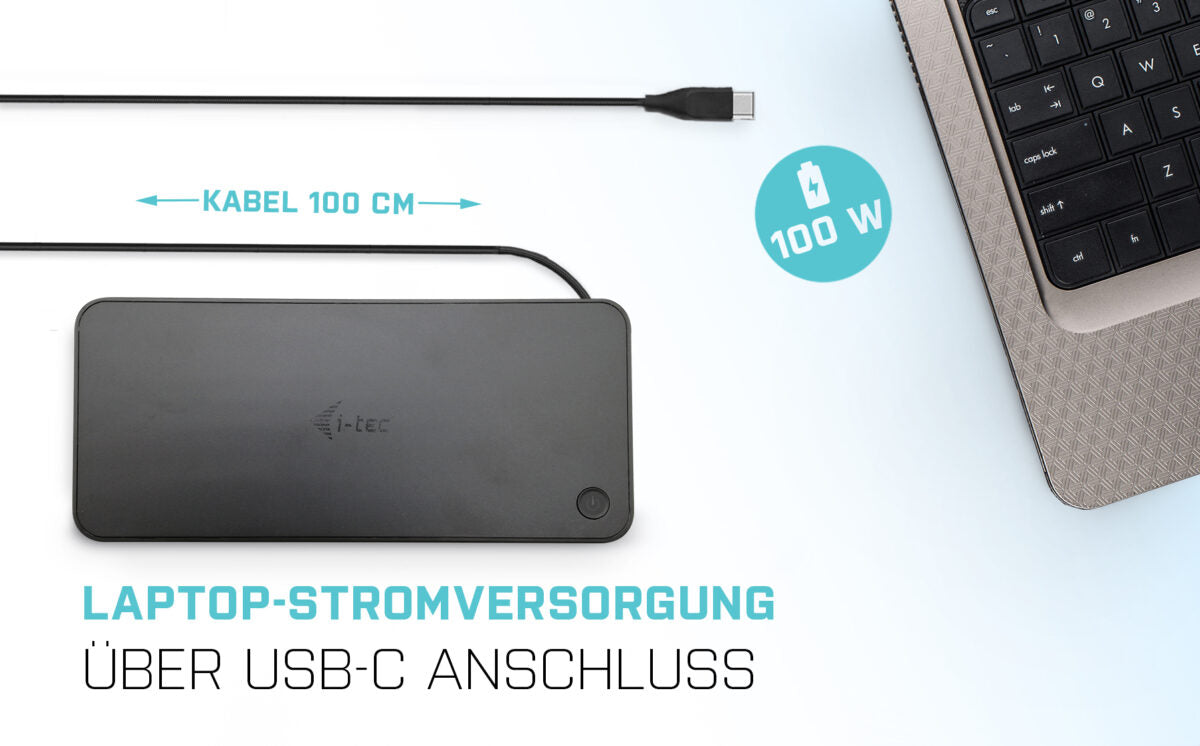 Schwarze i-tec USB-C Dockingstation mit 100W Stromversorgung und 100 cm Kabel neben einem Laptop.