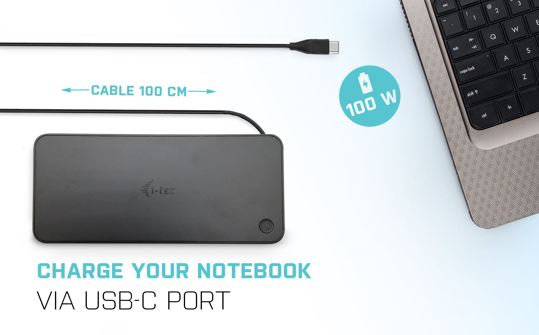 Schwarze i-tec Dockingstation mit 100W USB-C Ladekabel und Notebook-Tastatur