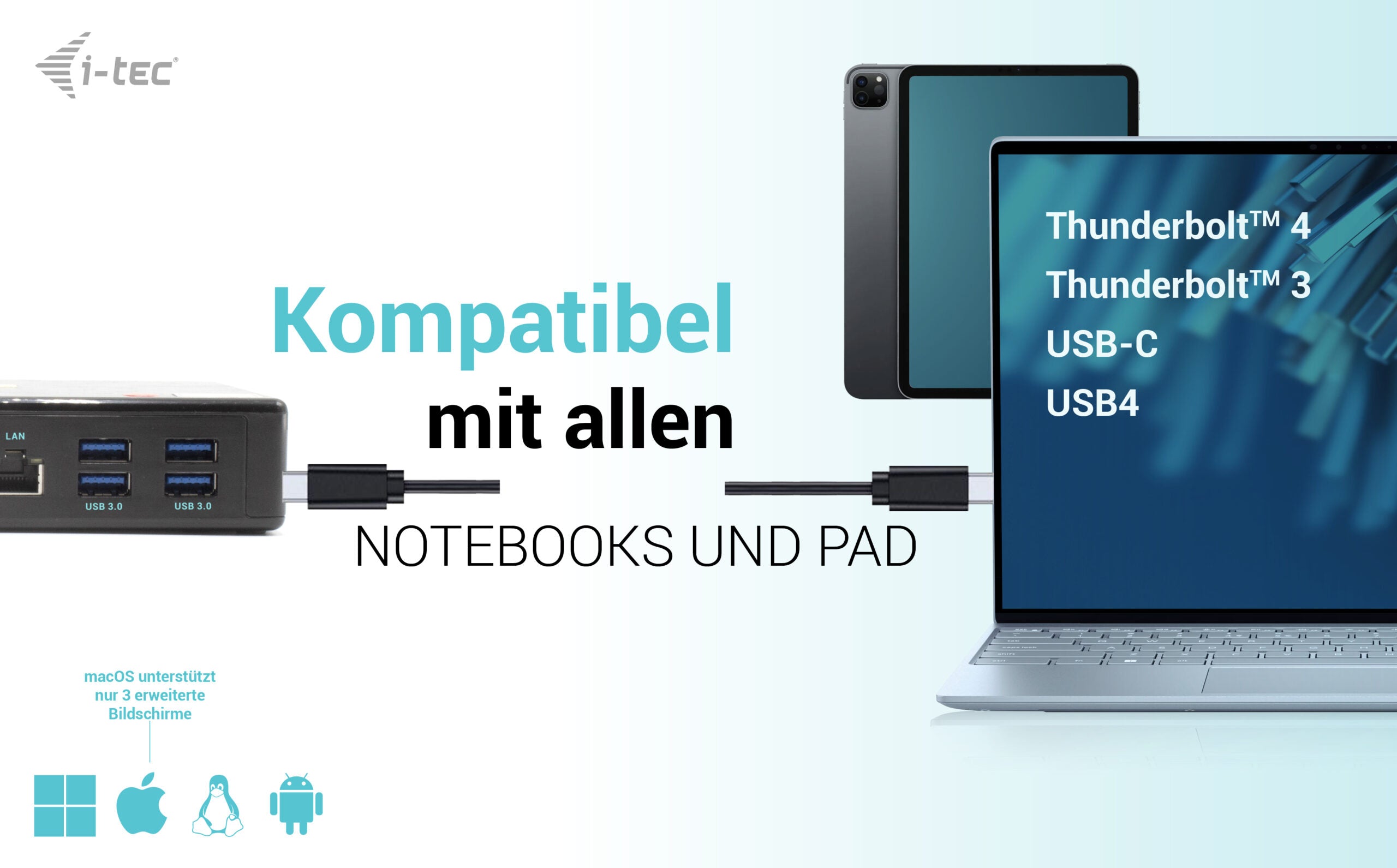 I-tec Dockingstation verbunden mit Laptop und Tablet über USB-C Kabel für Thunderbolt 4, 3 und USB4 Kompatibilität.