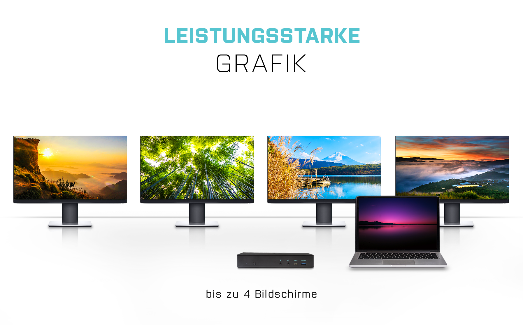 Leistungsstarke Grafik: Laptop mit Dockingstation und vier angeschlossenen Monitoren mit farbigen Landschaften.