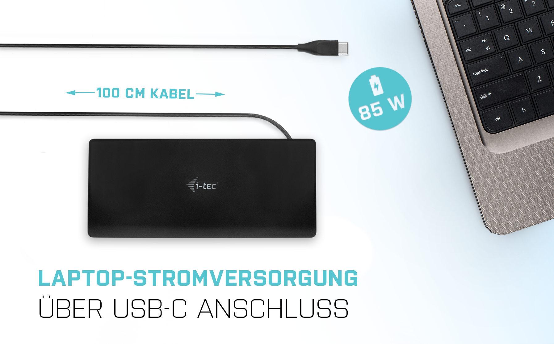Schwarzes i-tec USB-C Netzteil mit 85W Leistung, 100 cm Kabel und Laptop-Tastatur.