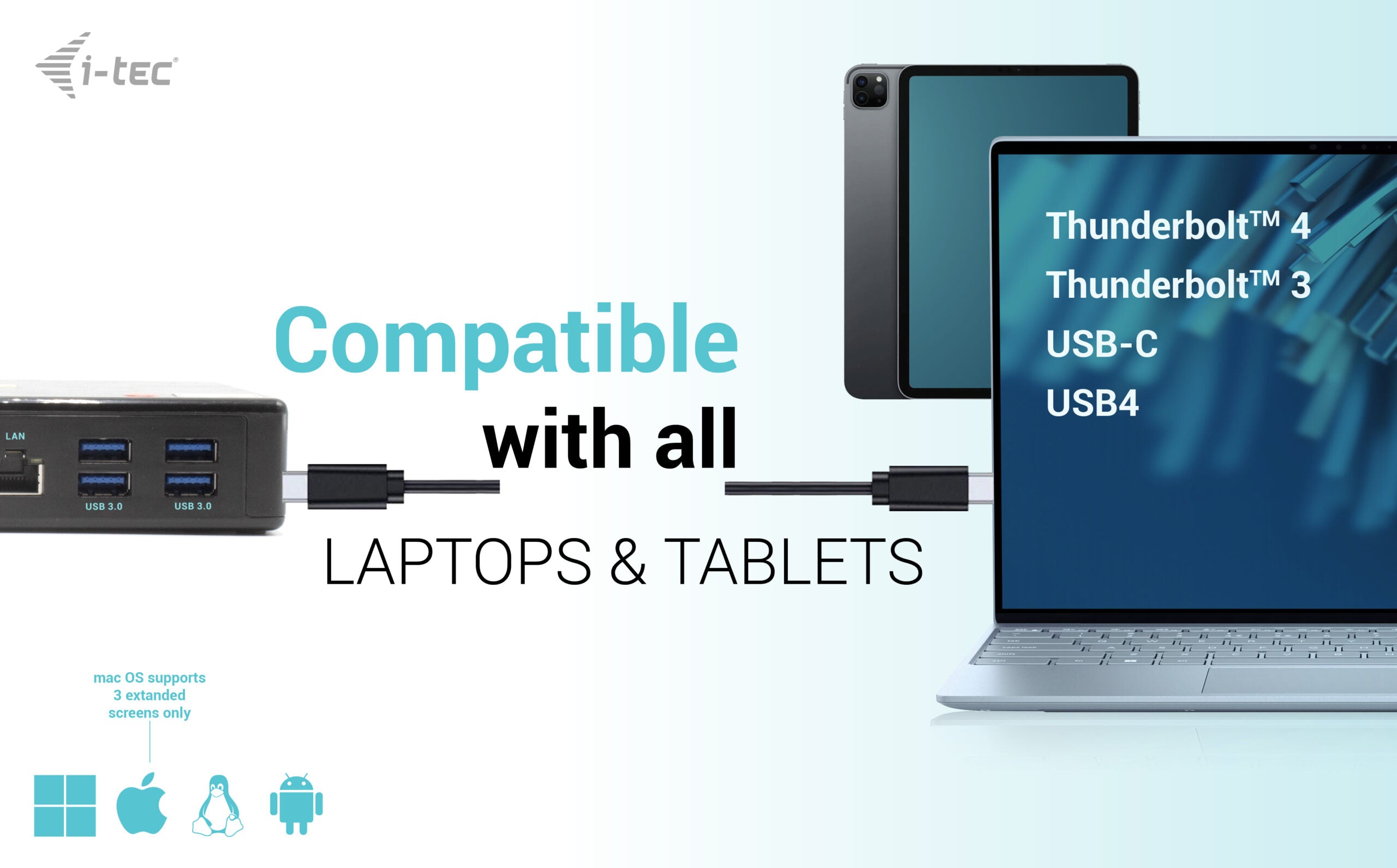 i-tec Dockingstation kompatibel mit Laptops und Tablets für Thunderbolt 4, Thunderbolt 3, USB-C und USB4 mit Betriebssystem-Icons.