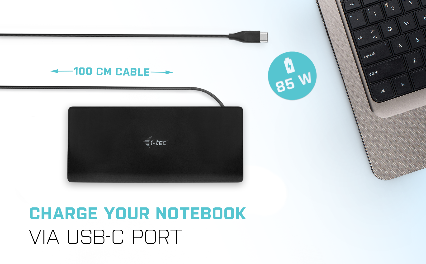 Schwarze i-tec USB-C Dockingstation mit 100 cm Kabel und 85 Watt Ladeleistung neben einem Laptop.