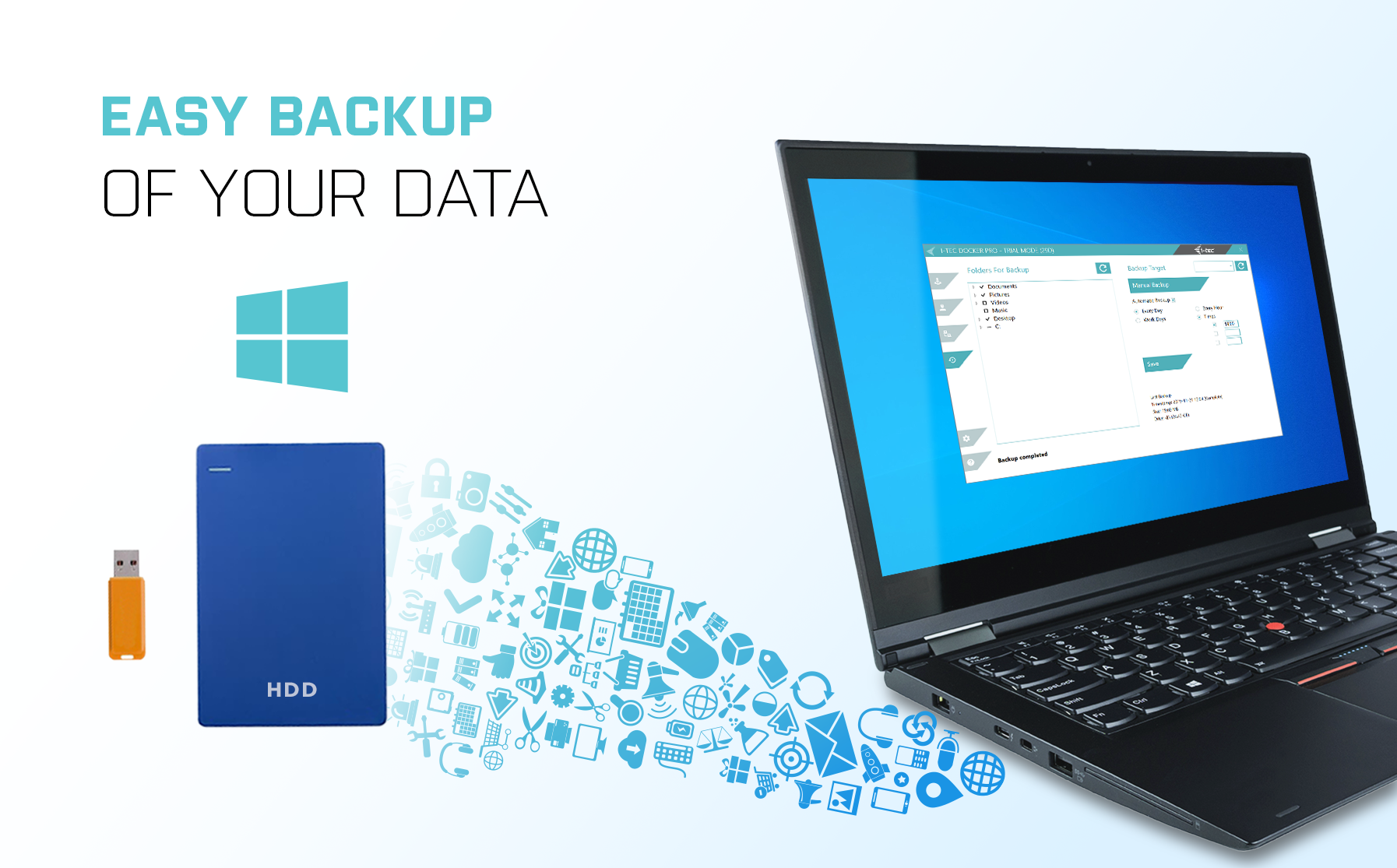 Laptop und externe HDD mit Daten-Icons zur Datensicherung und Backup-Software auf dem Bildschirm.