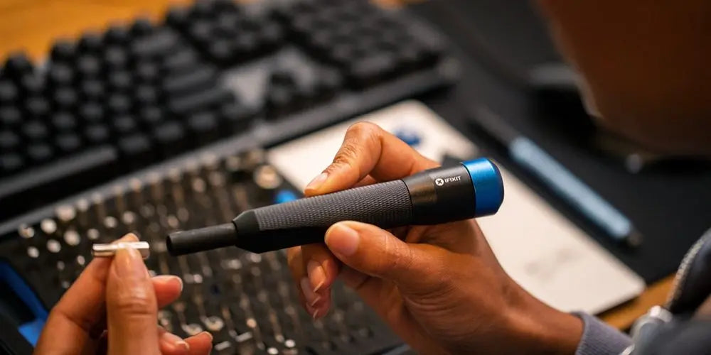 Handwechsel eines iFixit-Präzisionsschraubenziehers bei der IT-Hardware-Reparatur.