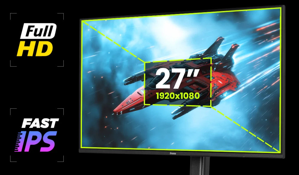 27 Zoll Full HD Gaming Monitor mit Fast IPS Display und Raumschiff-Grafik