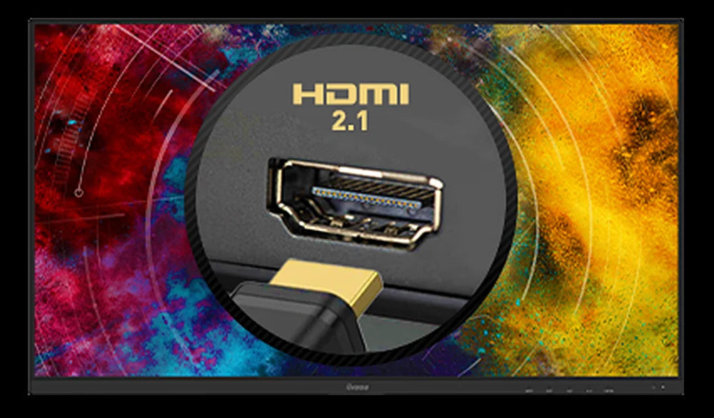 Nahaufnahme eines HDMI 2.1 Anschlusses und Kabels vor einem bunten Gaming-Hintergrund.