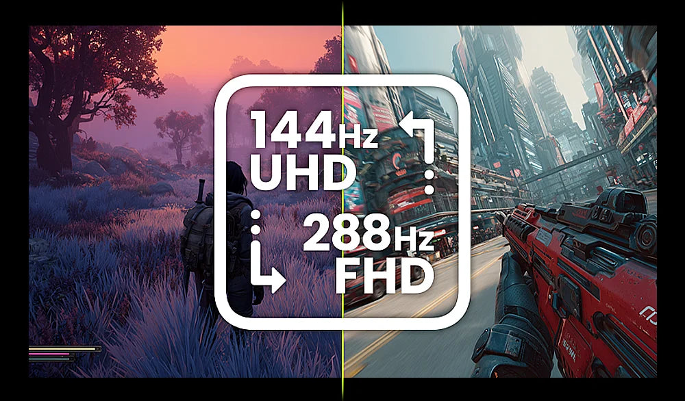 Vergleich der Laptop-Display-Modi: 144Hz UHD im Wald-Szenario versus 288Hz FHD im Sci-Fi-City-Gameplay.