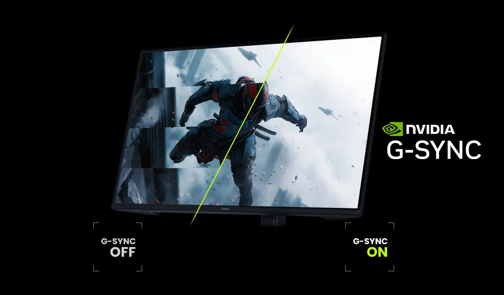 Vergleich eines Gaming-Monitors mit Nvidia G-Sync OFF und G-Sync ON zur Vermeidung von Tearing.