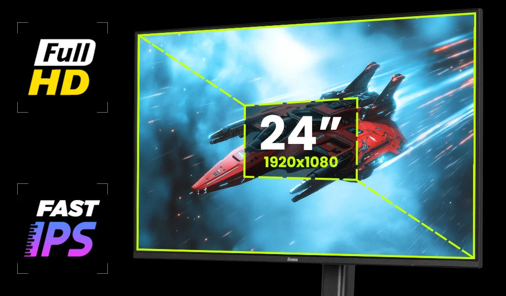 24 Zoll Full HD Gaming Monitor mit Fast IPS Panel und Raumschiff-Displaymotiv