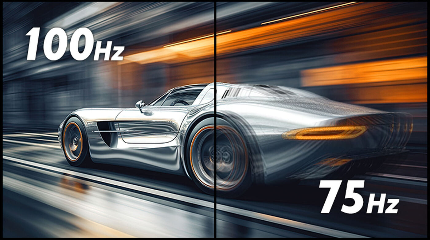 Display-Vergleich von 100Hz und 75Hz anhand eines fahrenden Sportwagens im Motion Blur.