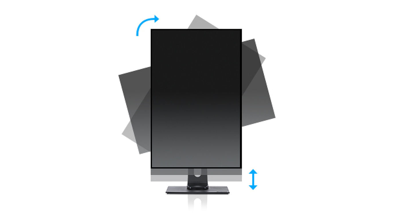 Ergonomischer Monitor mit Pivot-Funktion und höhenverstellbarem Standfuß für flexible Ausrichtung.