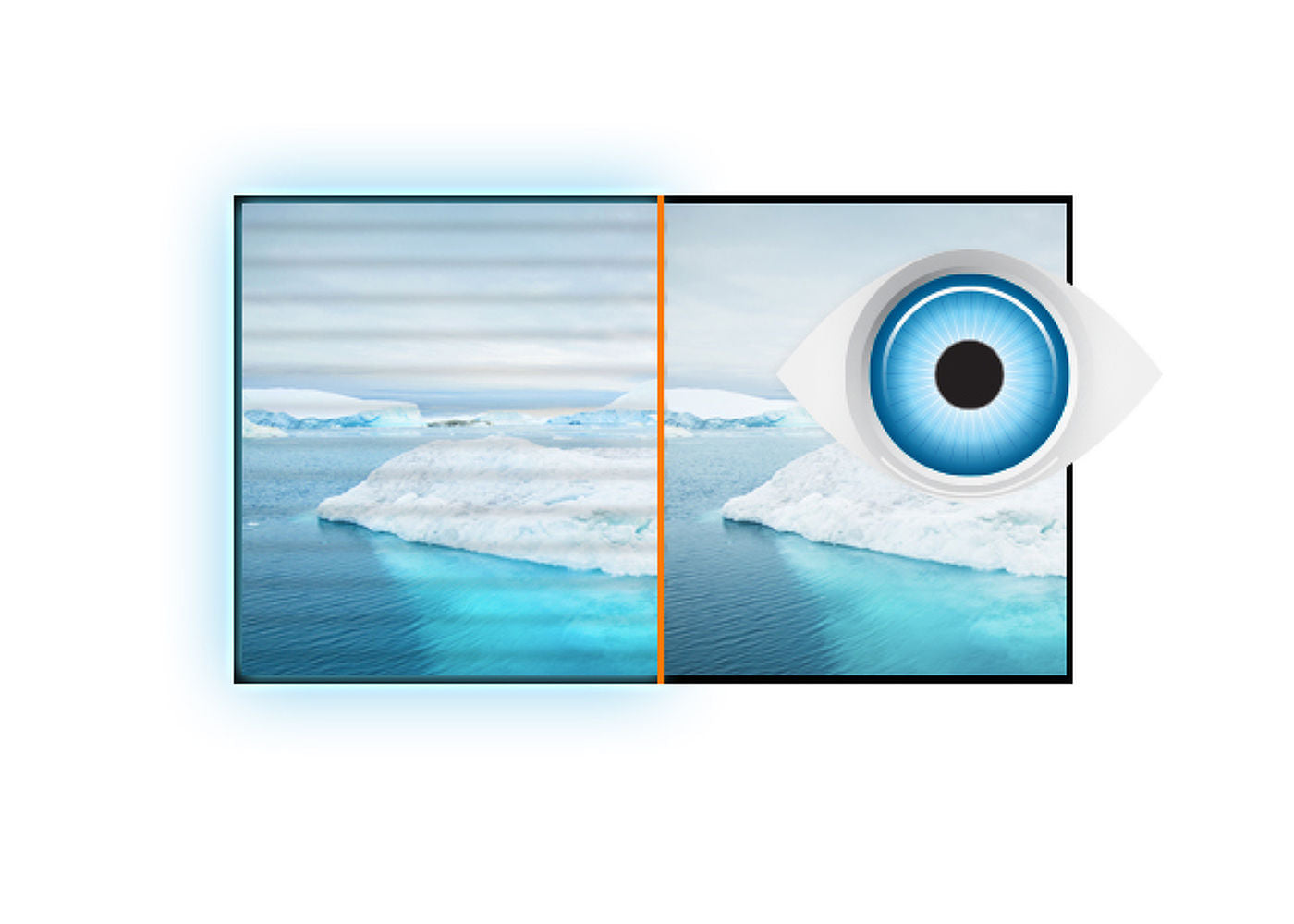 Vergleich zweier Bildschirme zeigt Flicker-Free Technologie mit flimmerfreiem Display links und Flimmern rechts.