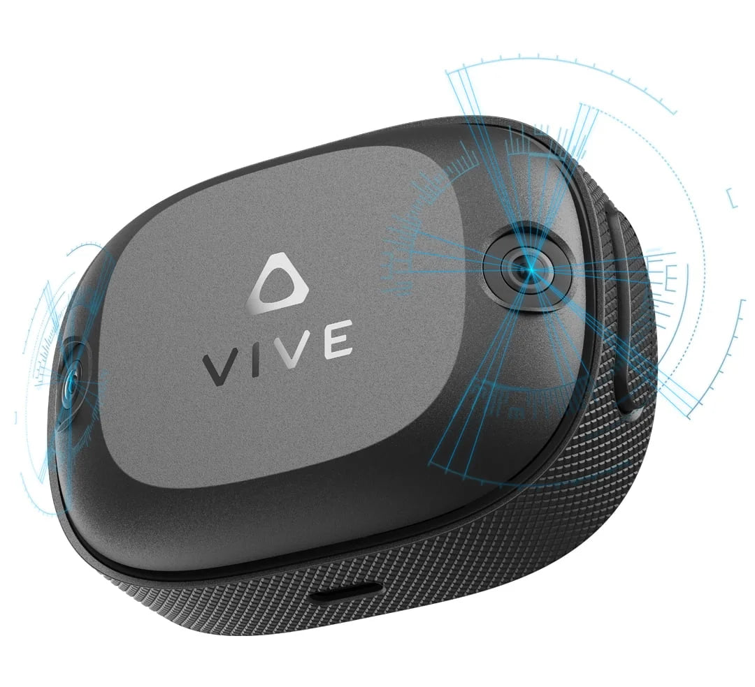 Schwarzer HTC VIVE Ultimate Tracker mit integrierten Kameras und blauen AR-Tracking-Grafiken