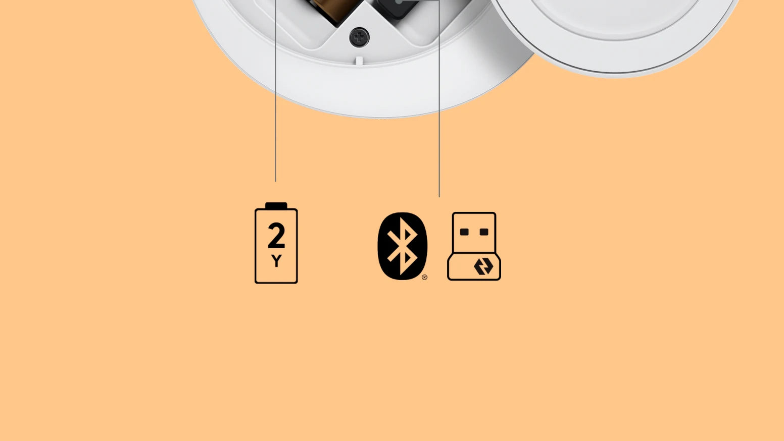 Technische Icons für 2 Jahre Batterielaufzeit, Bluetooth und USB-Anschluss unter einem geöffneten Hardware-Gerät.
