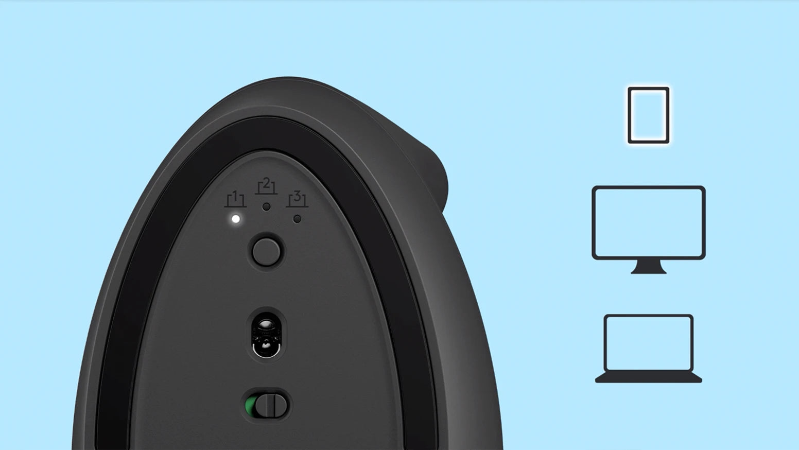 Unterseite einer ergonomischen Wireless-Maus mit LED-Anzeige für drei Verbindungsprofile und Geräte-Icons rechts.