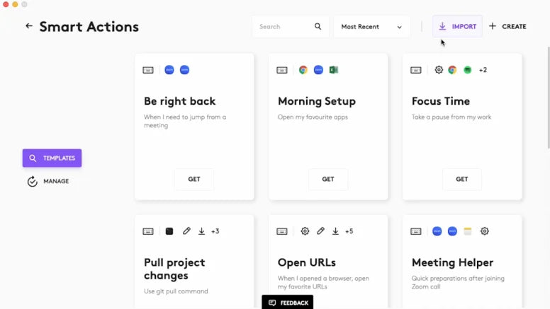 Screenshot der Software-Benutzeroberfläche von Smart Actions mit Vorlagen für Produktivität und Workflow-Automatisierung.