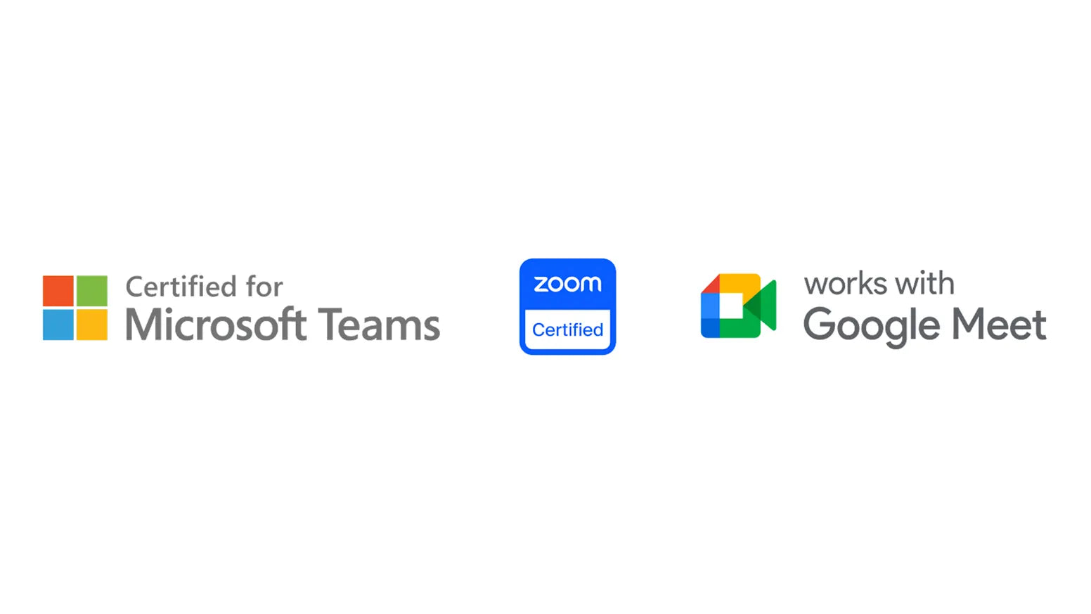 Zertifizierungs-Logos für Microsoft Teams, Zoom und Google Meet auf weißem Hintergrund.