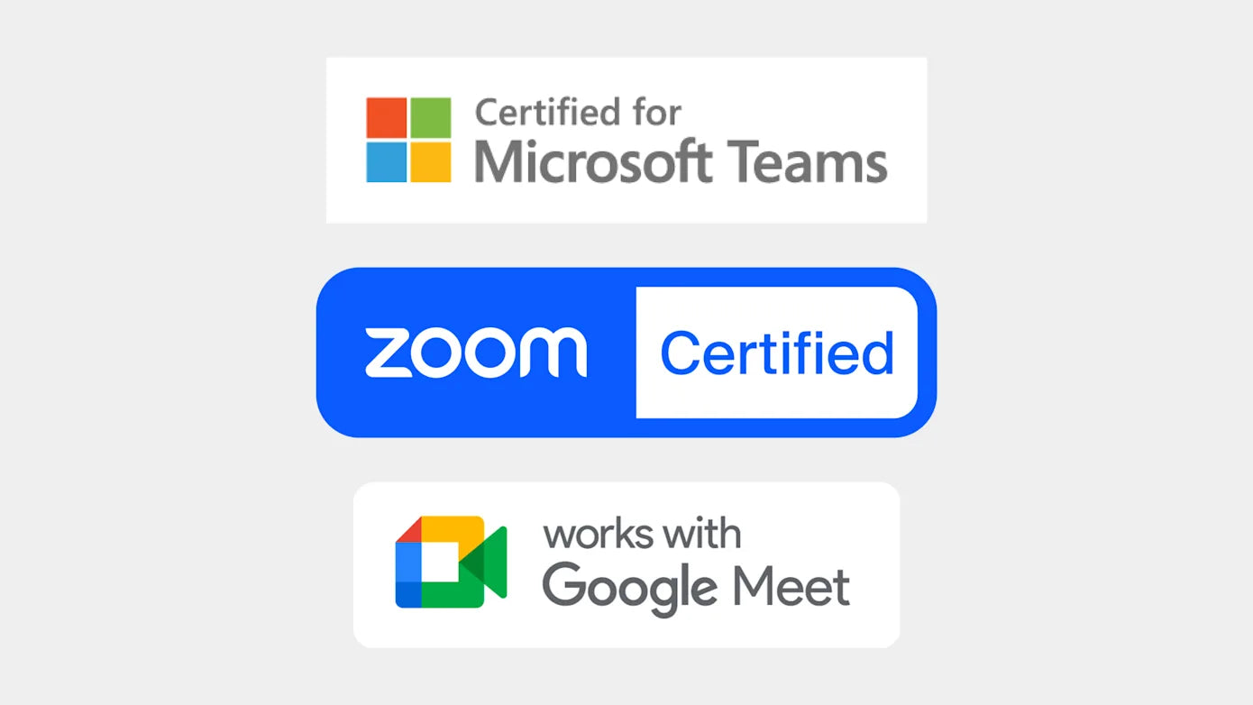 Zertifizierungssiegel für Microsoft Teams, Zoom Certified und Google Meet auf heller Hardware