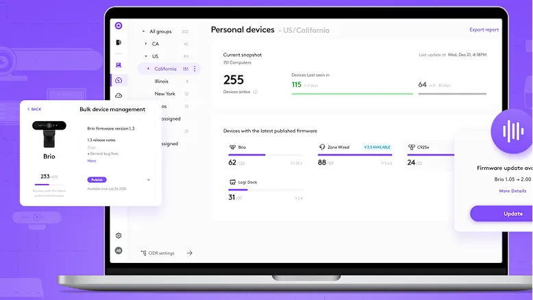 Laptop-Bildschirm zeigt Dashboard für Bulk-Geräteverwaltung und Firmware-Updates von IT-Hardware und Peripherie