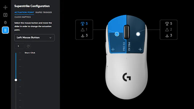 Software-Oberfläche zur Anpassung der Maustasten-Auslösung und haptischen Klicks bei einer Gaming-Maus.