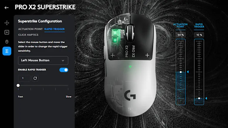 Software-Oberfläche zur Konfiguration der Gaming-Maus PRO X2 Superstrike mit Einstellungen für Actuation Point und Rapid Trigger.
