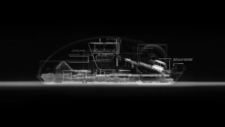 Technische Schnittzeichnung einer Gaming-Maus in Seitenansicht mit sichtbaren internen Komponenten auf schwarzem Grund.