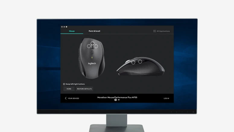 Software-Oberfläche der Logitech Maus-Konfiguration auf einem Monitor mit Ansicht der Marathon Mouse M705.