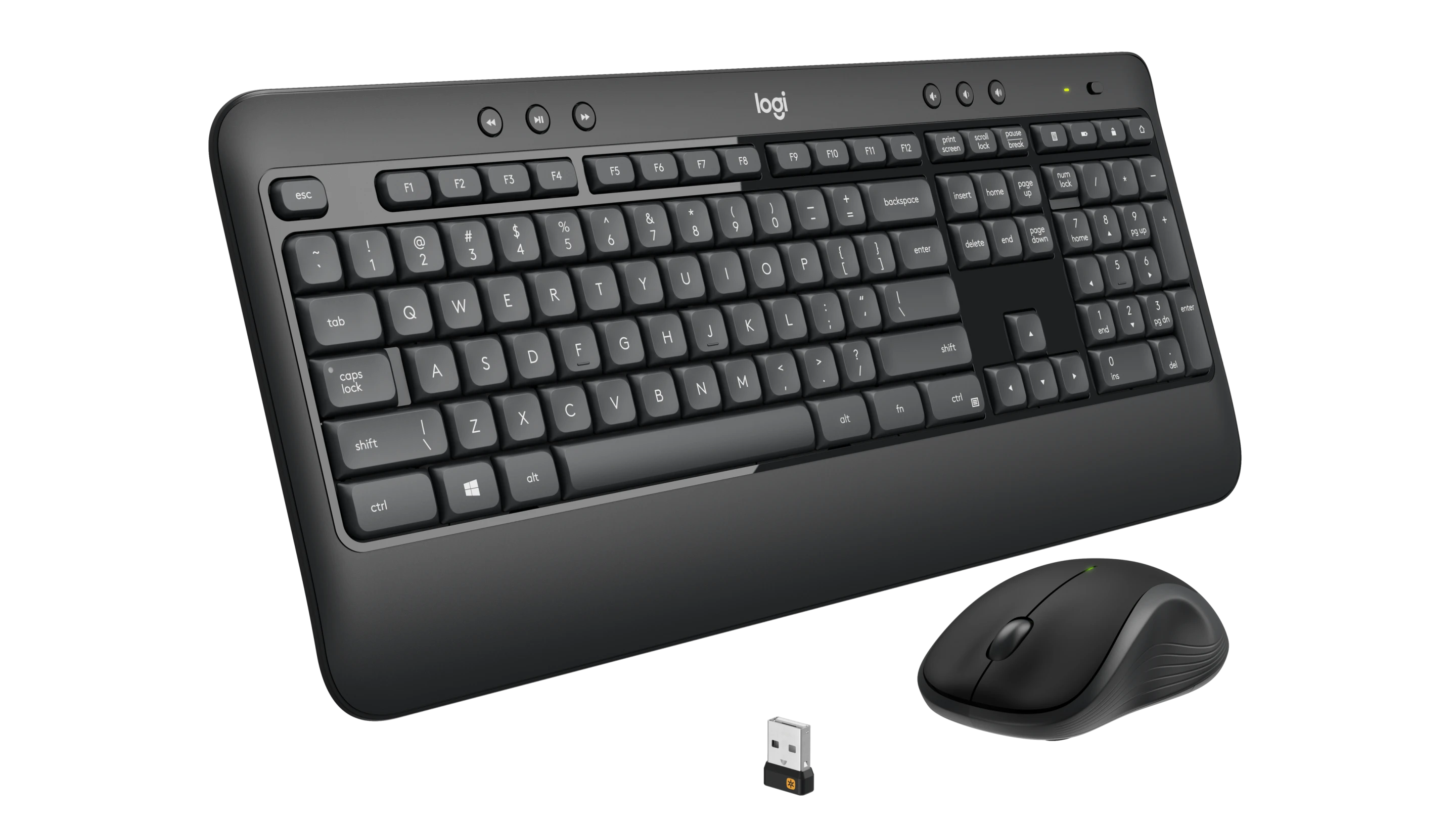 Schwarzes Logitech Wireless Desktop Set mit Tastatur, Maus und USB-Empfänger auf weißem Hintergrund.