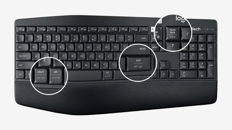 Schwarze Logitech Ergonomie-Tastatur mit markierten Tasten für Mac und Windows.
