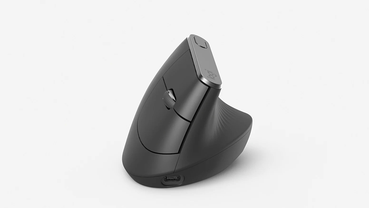 Ergonomische vertikale kabellose Maus in dunklem Grau vor hellem Hintergrund