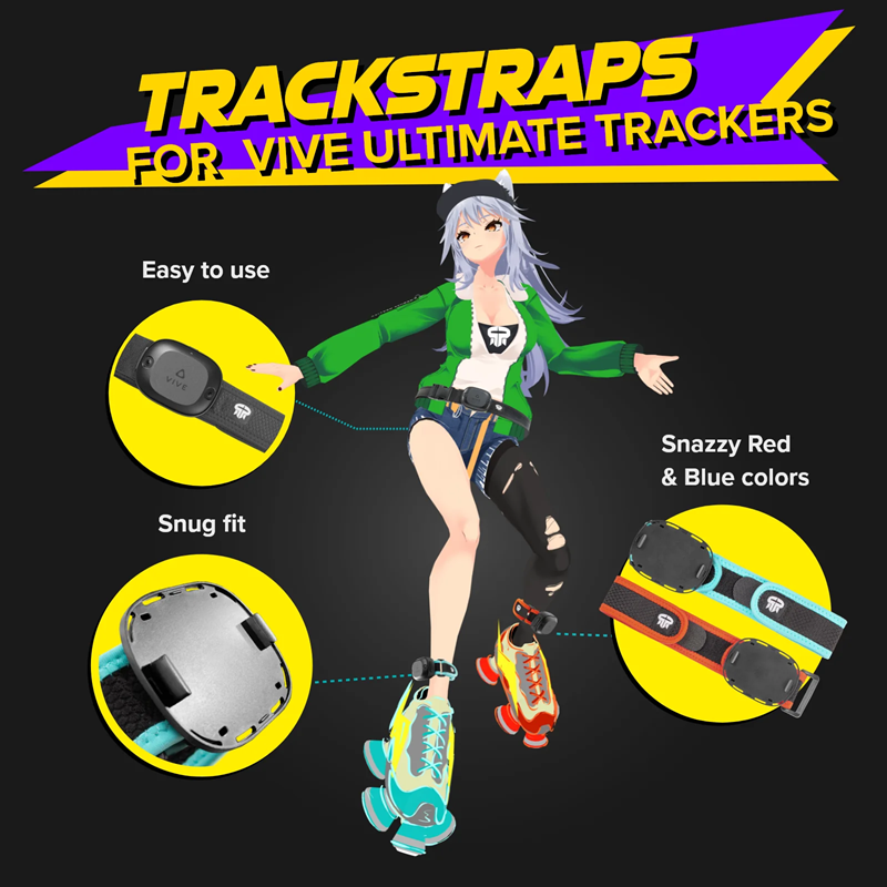 Trackstraps für Vive Ultimate Tracker an einer Anime-Avatars-Figur mit Detailansichten für sicheren Halt.
