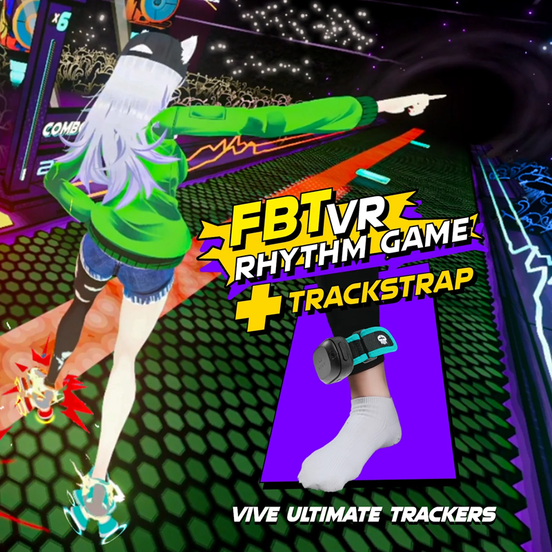 Anime-Avatar beim VR-Rhythm-Game mit TrackStrap und Vive Ultimate Trackers am Fuß.