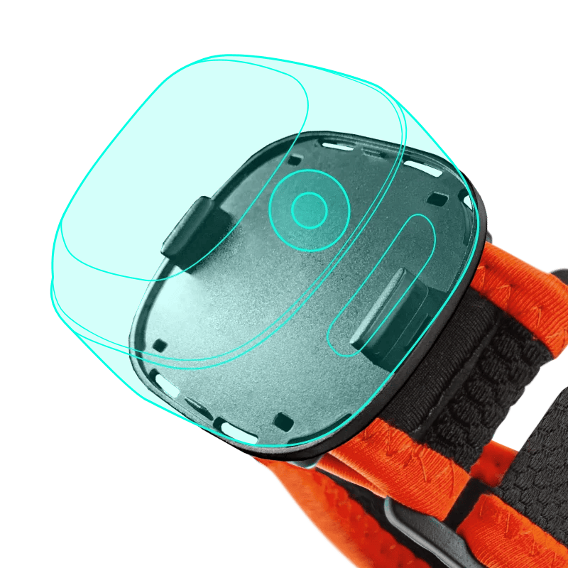 Nahaufnahme des Tracking-Moduls eines VR-Controllers mit orangefarbenem Handgurt