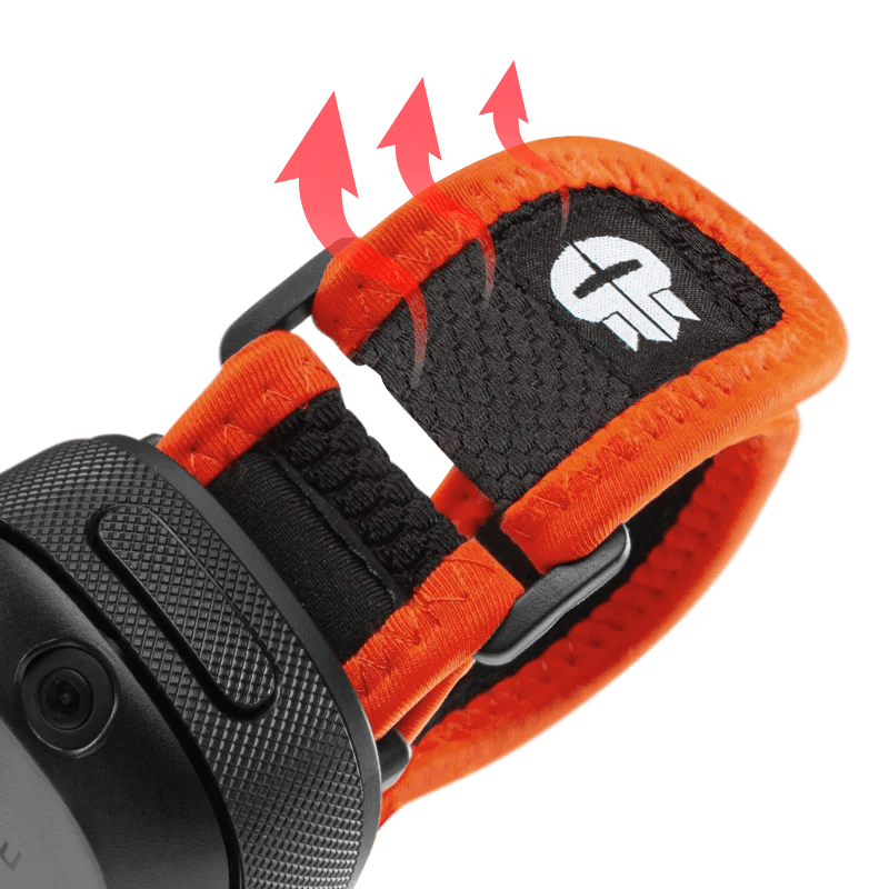 Nahaufnahme des verstellbaren VR-Controller-Giets in Orange-Schwarz mit integriertem Logo