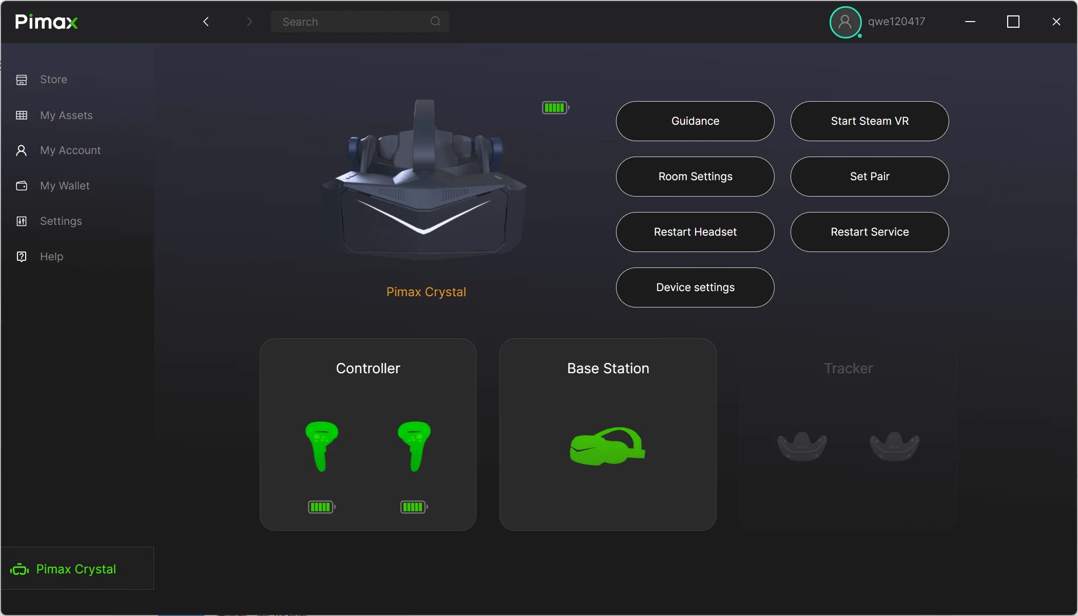 Screenshot der Pimax Client Software mit Steuerungselementen für das Pimax Crystal VR-Headset