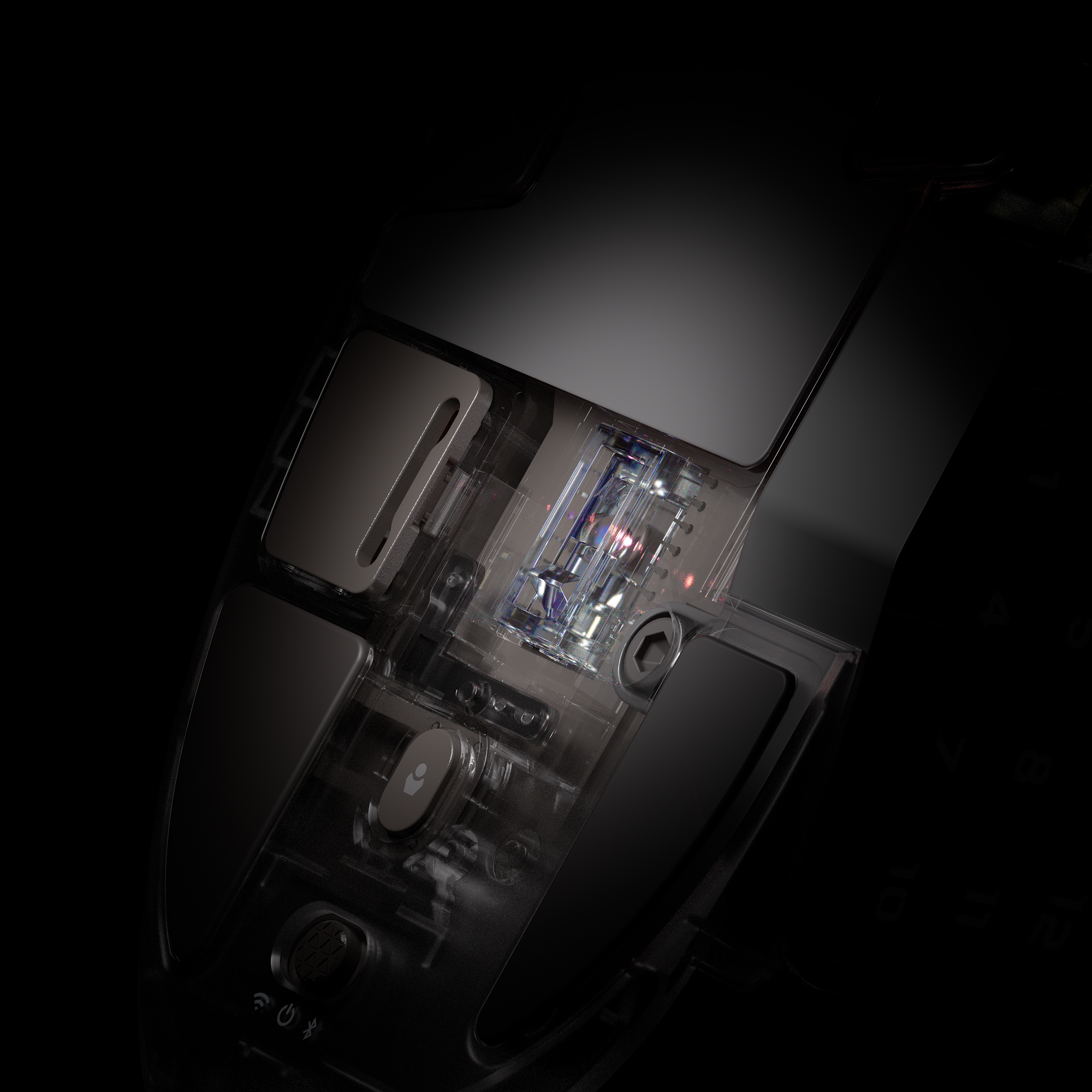 Detaillierte Nahaufnahme des transparenten Gehäuses und der inneren Hardware-Komponenten einer High-End Gaming-Maus.