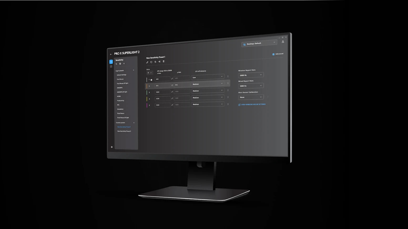 Monitor zeigt die G HUB Software zur Konfiguration der Logitech PRO X Superlight 2 Maus