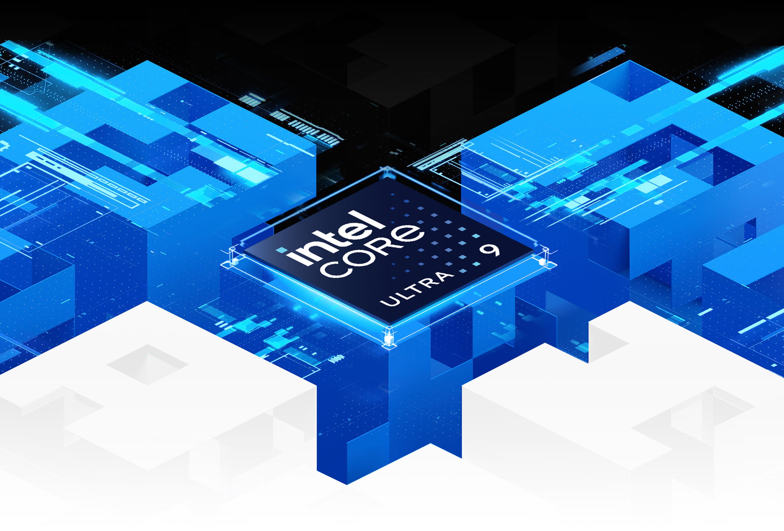 Intel Core Ultra 9 Prozessor eingebettet in eine futuristische blaue und weiße 3D-Technologielandschaft.