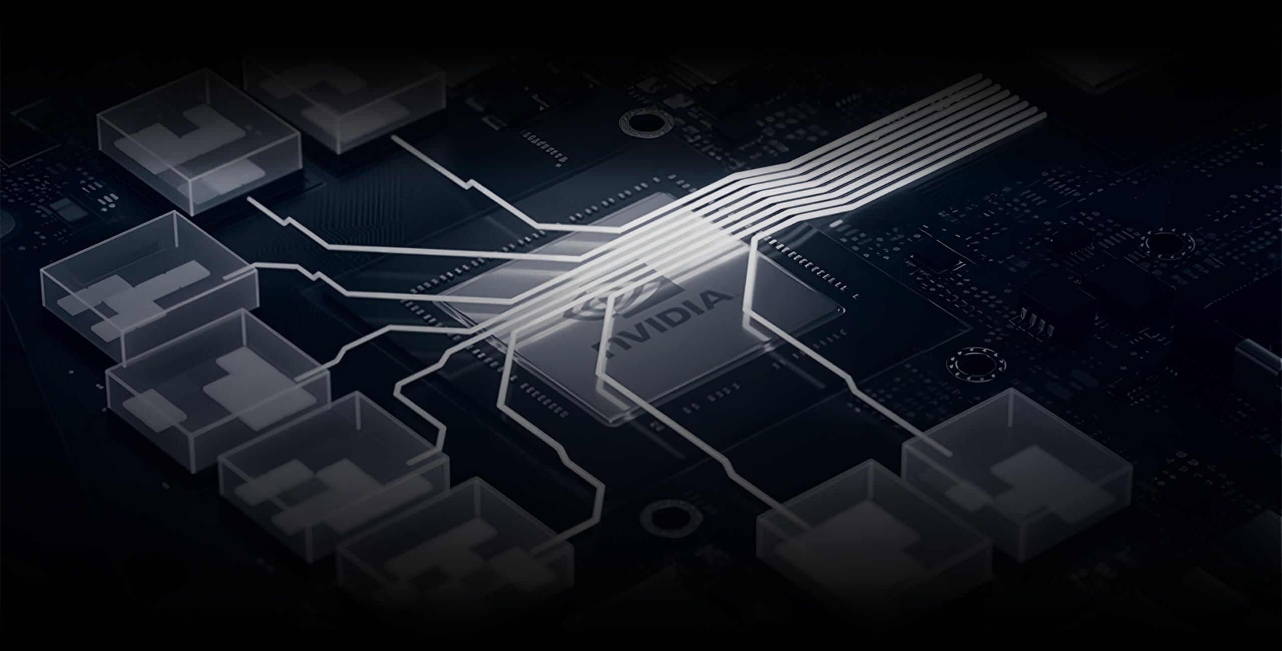 Nahaufnahme eines modernen Nvidia Grafikchips auf einer schwarzen Platine mit leuchtenden Leiterbahnen.