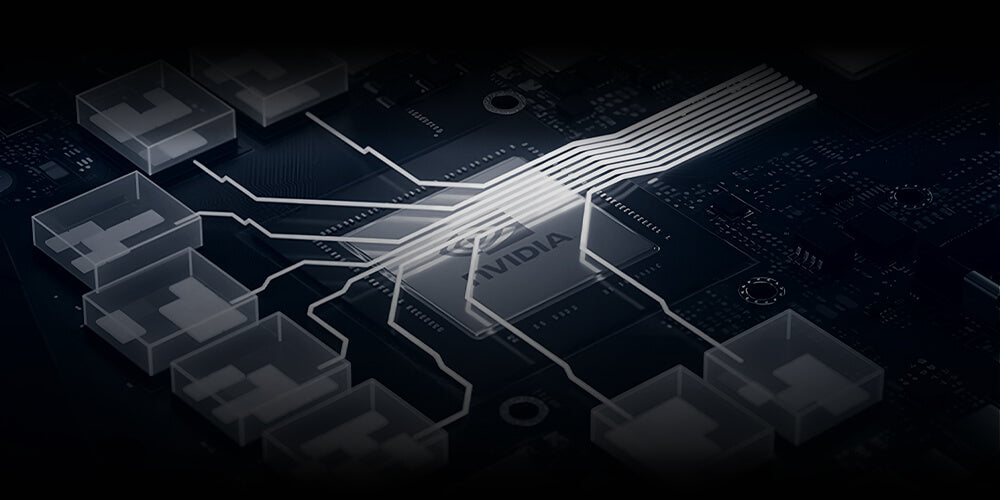 Nahaufnahme einer modernen Nvidia Grafikkarte auf einem dunklen Mainboard mit leuchtenden Leiterbahnen.