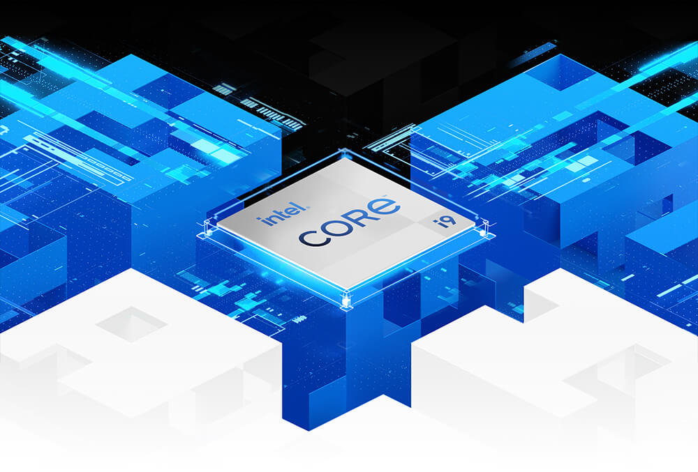Intel Core i9 Prozessor eingebettet in eine abstrakte, blau-weiße High-Tech-Architektur.