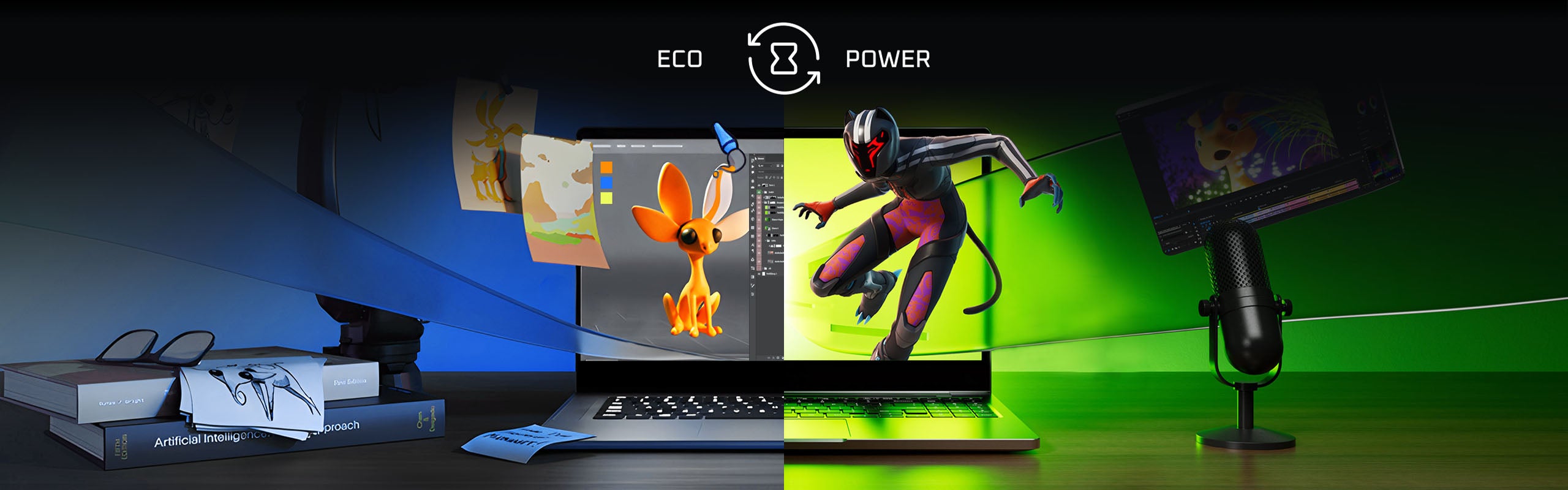 Laptop im geteilten Design mit Eco-Modus links für kreatives Arbeiten und Power-Modus rechts für Gaming
