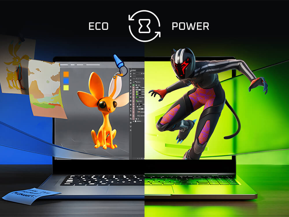 Laptop-Display im Split-Screen: Links Eco-Modus für Design mit niedlicher Kreatur, rechts Power-Modus für Gaming.