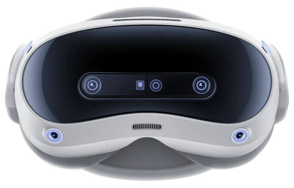 Vorderansicht einer weißen VR-Headset-Brille mit mehreren integrierten Tracking-Kameras und Sensoren vor weißem Hintergrund.